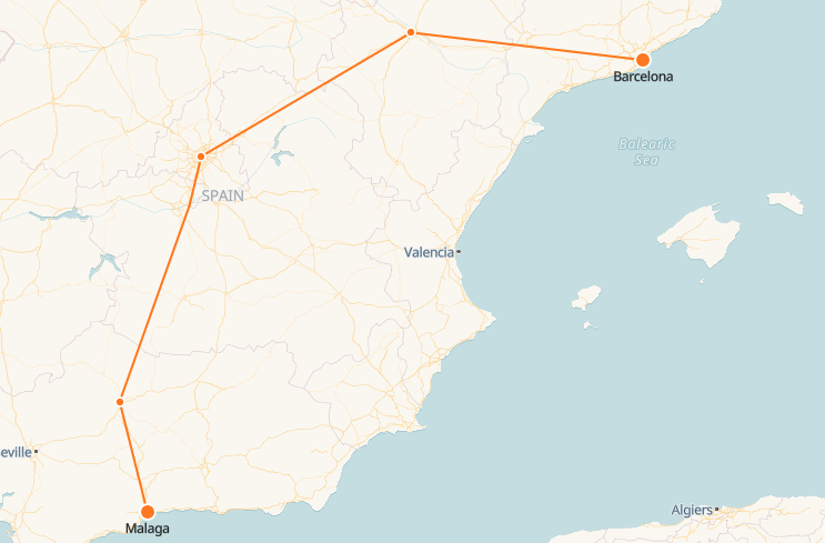 Malaga to Barcelona Train Map